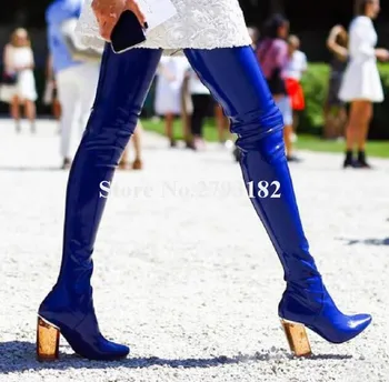2018 Пролет нова мода синьо PVC над коляното синьо прозрачен буци петата ботуши секси превръзка дебел кристал дълги ботуши реална снимка