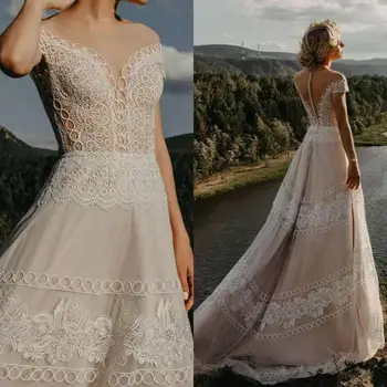 2020 Бохемска сватбена рокля дантела апликирана отвесни бижута врата Vestido De Noiva Sweep Train Beach Boho Сватбени рокли Булчински рокли
