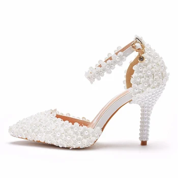 2021 Bao Avon дами бяла мода превръзка перла сватбени обувки булчински посочи високи токчета страна рокля обувки покритие