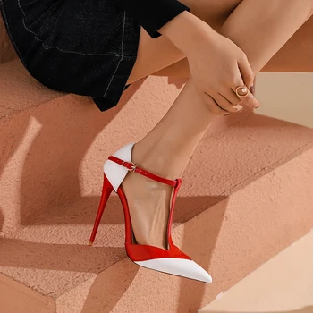 2022 Нова мода жени сандали обувки секси лачена кожа високи токчета заострени пръсти черен червен рокля парти сватбени обувки