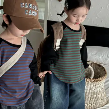 2023 Детска есенна пролетна тениска Раирана Корея момчета момичета дълъг ръкав тениски Детски дрехи за 1 до 8 години Бебе Loose Tops