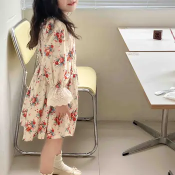 2023 Детска френска флорална дантела дантела дълга рокля есен модерен нови момичета съд стил кадифе рокля 2