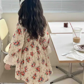 2023 Детска френска флорална дантела дантела дълга рокля есен модерен нови момичета съд стил кадифе рокля 3