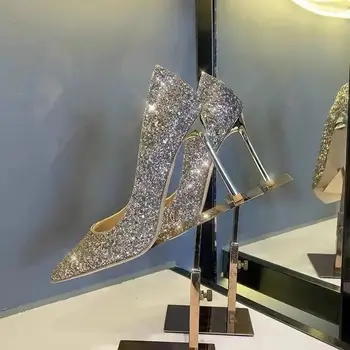 2023 Жените заострени пръсти помпи Дамски обувки с пайети Високи тънки токчета сватбено тържество Bling рокля Meature елегантен плитък четири сезона