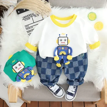 2023 Корейски пролет бебе момче две части дрехи комплект дълъг ръкав бродерия 3D робот суитчър дънки панталони костюм малко дете момче облекло
