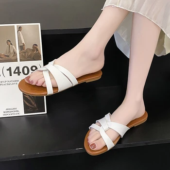 2023 Нови летни дамски сандали обувки мода PU кожа заключване повърхност женски чехли твърди високо качество жена слайдове