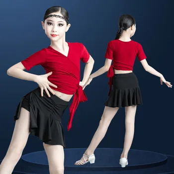 2023 Нови момичета Латино танцови костюми Детска бална рокля Състезание Тренировъчни дрехи Червен топ и черна къса пола Комплект от 2 части