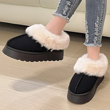 2023 Нови обувки за жени приплъзване на дамски ботуши зимни кръгли пръсти твърди стадо плюшени топли удобни ниски токчета ежедневни снежни ботуши
