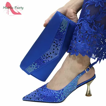 2024 Най-новите италиански дамски обувки и чанта да съвпадат в Royal Blue цвят INS гореща продажба пълен кристал заострени пръсти 9 см високи токчета за P