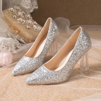 2024 Пролет стилен сватбен банкет високи токчета дамски обувки луксозни квадратни петата пайети заострени пръсти плътен цвят женски обувки