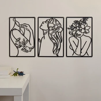 3 парчета метал минималистичен абстрактен жена стена изкуство линия рисунка стена изкуство декор единична линия женски дома висящи стена декор трайни