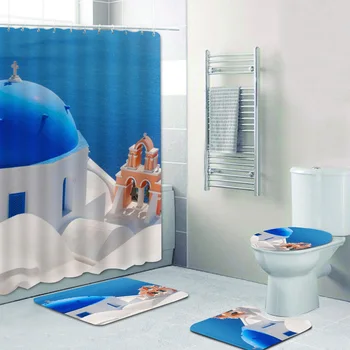 3D Модерно синьо и бяло Санторини Гръцки остров Баня душ завеса комплект за вана Гърция Крайбрежна сграда Тоалетни постелки Килими