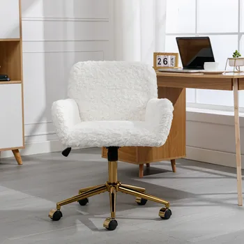  A &A мебели офис стол, изкуствен заек коса домашен офис стол със златна метална основа, регулируеми бюро стол въртящ се офис C