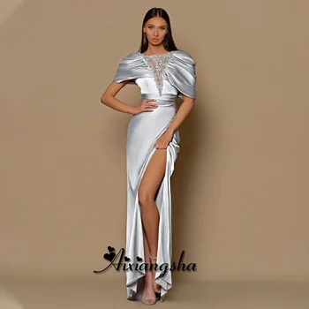 Aixiangsha Модерни прави вечерни рокли лъжичка врата висока цепка Ruched кристали Саудитска Арабия Вестидос де Гала Персонализиран