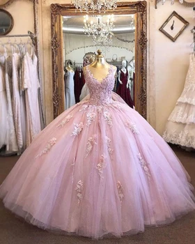 ANGELSBRIDEP розова лъжичка врата топка рокля Quinceanera рокли за сладки 15 парти Официален апликация дантела маскарад рожден ден рокли