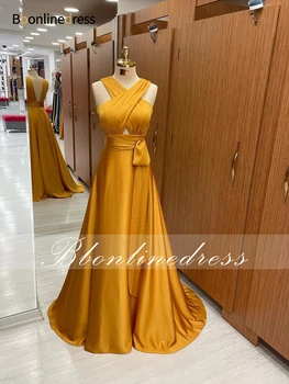 Bbonlinedress Жълта абитуриентска рокля 2023 Кръст V деколте Официални рокли за повод секси без гръб дълга парти рокля роба Femme Soirée