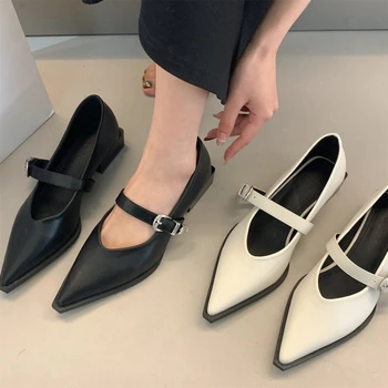 BCEBYL 2023 Нова ретро мода Дамски високи токчета Заострени пръсти Мери Джейн помпи плитка уста прост дебел ток Дамски обувки