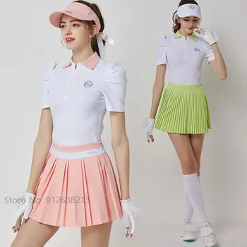 Blktee лято женски цип яка тениски бутер ръкави голф риза жени висока талия плисирана пола анти-празен голф Culotte комплекти