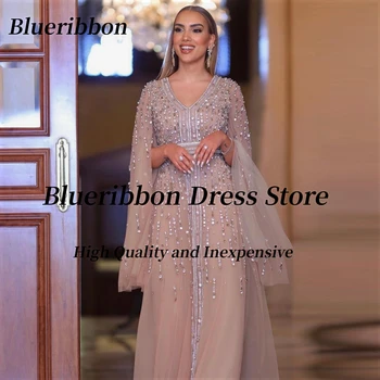 Blueribbon сватбено тържество жените носят V врата абитуриентски рокли мъниста луксозни вечерни рокли дълги ръкави тюл Саудитска Арабия рокля