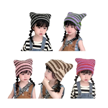 Devil Cat Ear Детска плетена шапка & Топла зимна шапка Защита на ушите Шапки за момчета и момичета 3-15 години Подарък