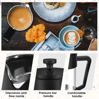 French Press Coffee & Tea Maker 12Oz, удебелено боросиликатно стъкло, преса за кафе, без ръжда и съдомиялна машина, черна 0