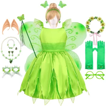 Girls Tinker Bell Dress Baby Girl Flower Fairy Cosplay Costume Kids Green Gowns Child Halloween Outfits