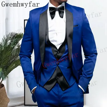 Gwenhwyfar 2023 Нова мода 3 броя мъжки костюм Официални бизнес костюми Кралско синьо смокинги за сватба младоженец Blazer + панталони + жилетка