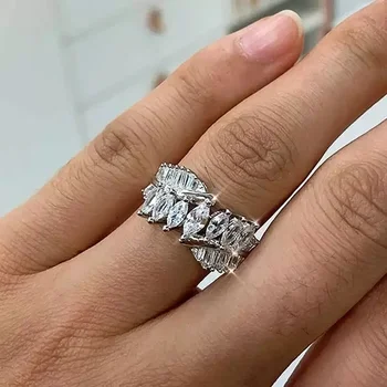 Huitan Новопроектирани кубични циркониеви пръстени за сватбено тържество Луксозни аксесоари Висококачествен сребърен цвят Дамски модерни бижута