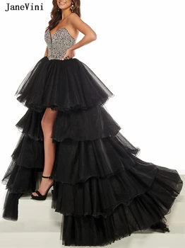 JaneVini Luxury Dubai Black High Low Long Prom Dresses Puffy Tiered Tulle 2020 Strapless Bling Beading Pageant Официална абитуриентска рокля