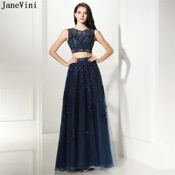 JaneVini Реколта тъмно синьо две парче шаферка рокли линия апликации мъниста отвесни обратно тюл етаж дължина елегантен абитуриентски рокли