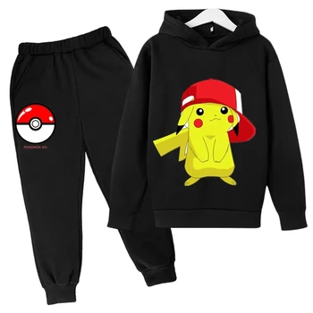 Kawaii Pokemon Pikachu Hoodie Set Kids Boy Girl Hoodie Suit Baby Hooded Sportswear Set Pants Boys Clothes