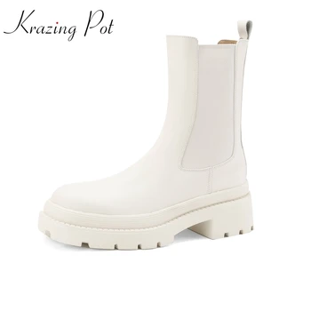 Krazing Pot Cow Leather Round Toe Thick Med Heels Winter Brand Shoes Keep Warm Modern Boots England Style Daily Wear Боти до глезена