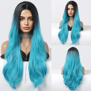 Long вълнообразен омбре синьо косплей парти синтетични перуки за жени средна част цветни Хелоуин перука за коса естествени топлоустойчиви влакна