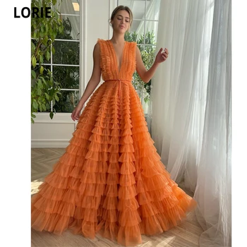 LORIE Оранжеви A-line тюл вечерни рокли секси дълбоко V-образно деколте диференцирани колан абитуриентски рокли Vestidos Para Mujer Официални парти рокли