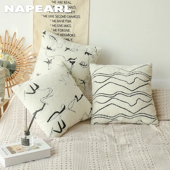 NAPEARL Геометрична бродирана черна бяла пухкава мека дивана хвърля калъфки за възглавници 45x45cm декоративна възглавница покритие