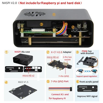 Naspi Kit + метален корпус + X823 разширителна платка + X-C1 съвет + PWM вентилатор за малинов пай SATA HDD / SSD твърд диск NAS сървър за съхранение