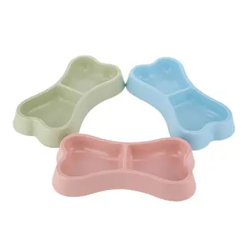 Pet Cat Double Bowl Feeder Cat Dog Feeding Bowl Drinkers Candy Colored Thickened Plastic Durable Bone Shaped Pet Dog Diet Bowl 2
