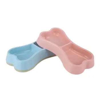 Pet Cat Double Bowl Feeder Cat Dog Feeding Bowl Drinkers Candy Colored Thickened Plastic Durable Bone Shaped Pet Dog Diet Bowl 3