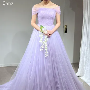 Qanz Lilac Елегантни корейски вечерни рокли от рамото Тюл Официални рокли за повод Дълги A Line Ruffles Robe De Soiree Femm