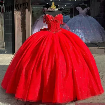 Red Glitter Pearls Beading Crystal Ball Gown Quinceanera Dresses Off the Shoulder Bow Corset Vestidos De 15 Años