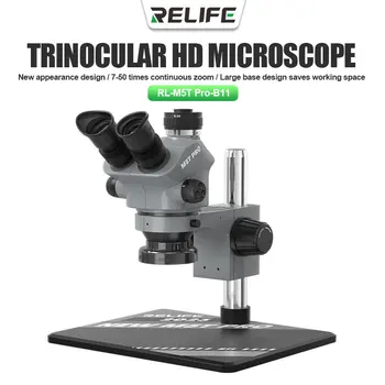 Relife RL-M5T Pro-B11 тринокулярен HD микроскоп 7-50 пъти непрекъснато увеличение за ремонт на мобилни телефони с голямо пространство за формулировка