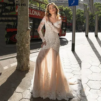Smileven Шампанско русалка сватбени рокли дълъг ръкав дантела Boho сватбено парти булчински рокли 2021