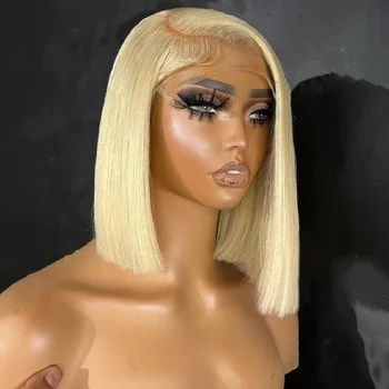 Soft 613 Preplucked Glueless Blonde 14inch Short Bob Straight Baby Hair Lace Front Wig For Women Middle Part 180density Hairline