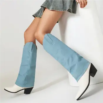 Sorphio High Square Heeled Western Boots For Women Knee High Pointed Toed Chelsea Cowgirls Slip-on Mixed Colored Pants Booties