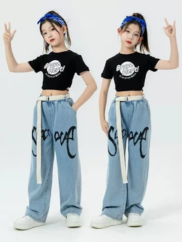 Summer Girls Jazz Costume Black Crop Tops Casual Jeans Kids Hip Hop Dance Clothes Modern Dance Performance Suit Fashion BL10779 2