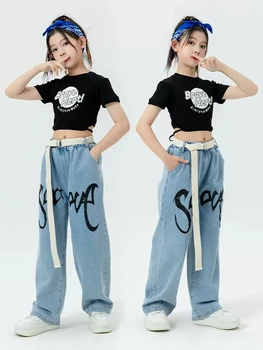 Summer Girls Jazz Costume Black Crop Tops Casual Jeans Kids Hip Hop Dance Clothes Modern Dance Performance Suit Fashion BL10779 4