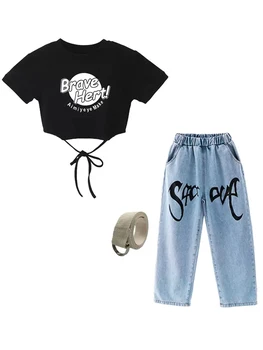 Summer Girls Jazz Costume Black Crop Tops Casual Jeans Kids Hip Hop Dance Clothes Modern Dance Performance Suit Fashion BL10779 5