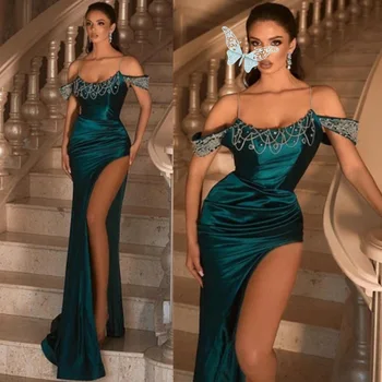Teal Off The Shoulder Prom Dress Sexy Side Split Special Evening Gowns Night Wear Dubai Arabic Robe De Soiree Party Evening Gown