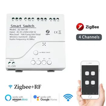 Tuya Zigbee Smart Switch Module 4 канала 85-250V WIfi реле DIN шина RF433 дистанционно управление работи с Alexa Zigbee Hub