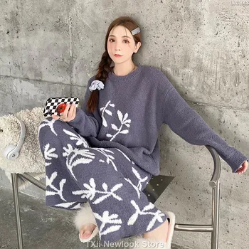 TXii Японска минималистична мека пижама дамски комплект от две части за есента и зимата, плетени вълнени дрехи за дома с дълъг ръкав